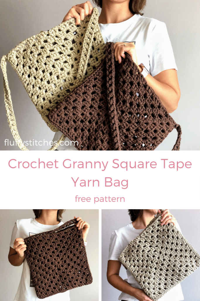 The image made for Pinterest of the Crochet Granny Square Tape Yarn Bag