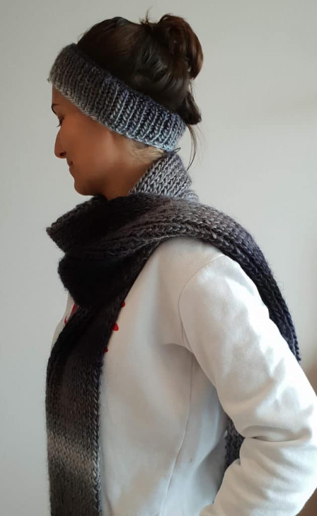The Knit Winter Nights Set seen from the side modeled by Susana from Fluffy Stitches