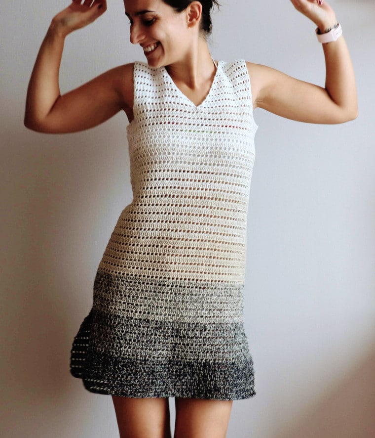 Susana from Fluffy Stitches dancing in the Crochet Breezy Beach Dress.