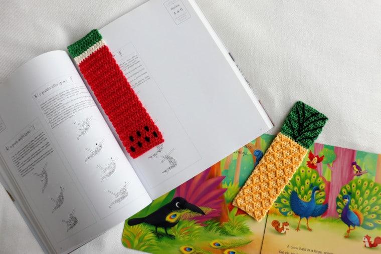 The Crochet Tropical Bookmark Set being used to mark books