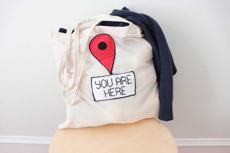 The You Are Here Sign on a bag, ready to go out