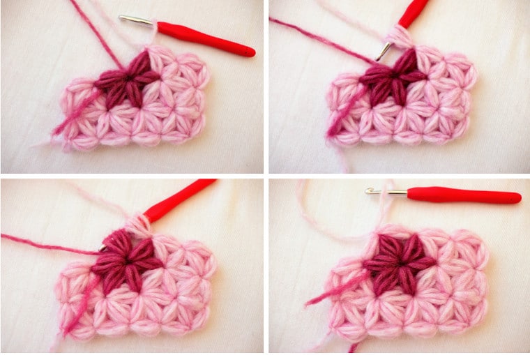 Step 4 on how to do jasmine stitch colorwork