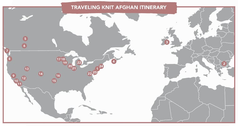 The itinerary for the Traveling Knit Afghan: Square One starts in New York City, USA