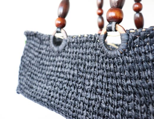 A detail of the handles on the Tunisian raffia Bag Project